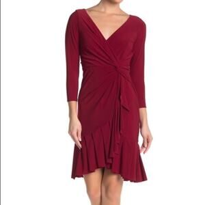 Marina Womens XS Casual Flirty Red Faux Wrap Bodice 3/4 Sleeve Flirty Dress NEW